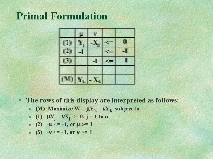 Primal Formulation § The rows of this display are interpreted as follows: l l