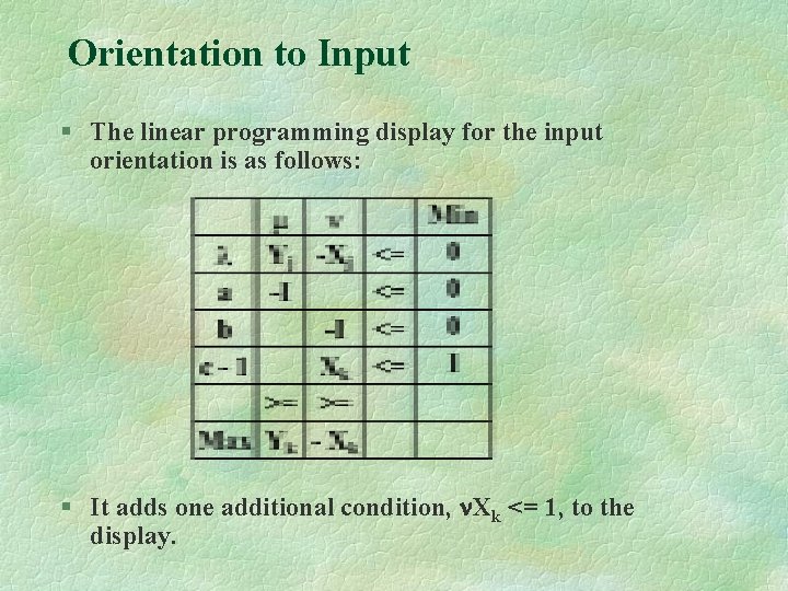 Orientation to Input § The linear programming display for the input orientation is as