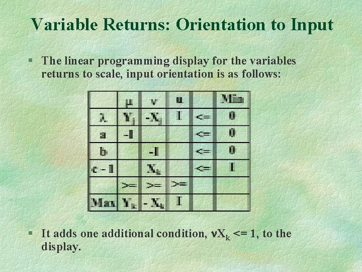 Variable Returns: Orientation to Input § The linear programming display for the variables returns