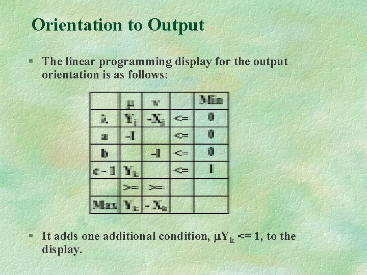 Orientation to Output § The linear programming display for the output orientation is as