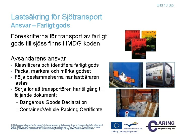 Bild 13 Sjö Lastsäkring för Sjötransport Ansvar – Farligt gods Föreskrifterna för transport av