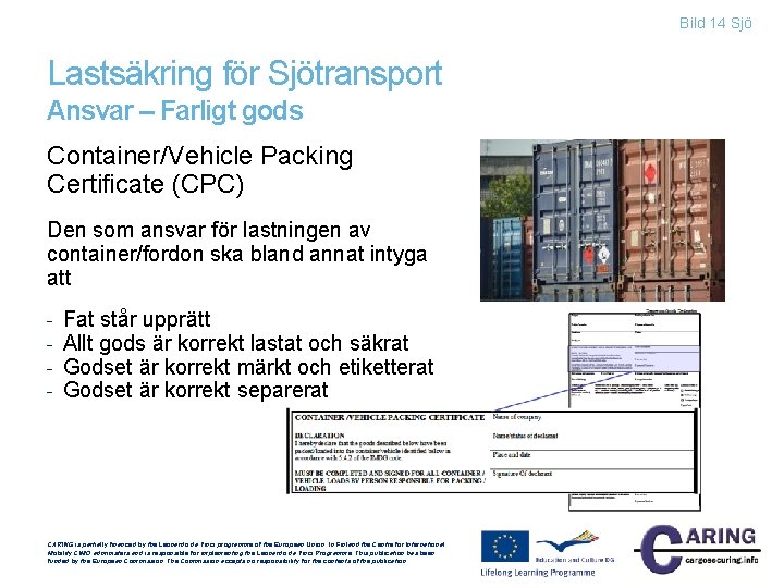 Bild 14 Sjö Lastsäkring för Sjötransport Ansvar – Farligt gods Container/Vehicle Packing Certificate (CPC)