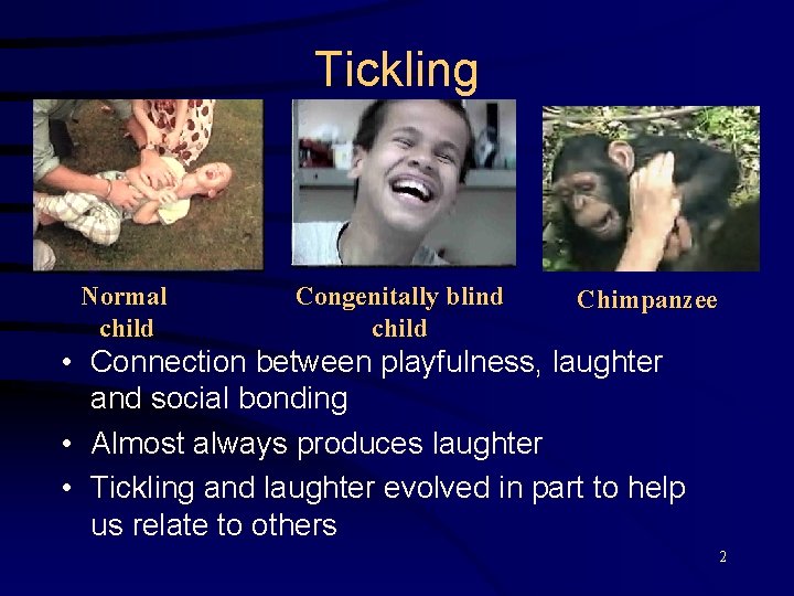 Tickling Fascinating instance of the Normal child Congenitally blind child Chimpanzee • Connection between
