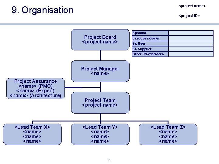 <project name> 9. Organisation <project ID> Project Board <project name> Sponsor Executive/Owner Sr. User
