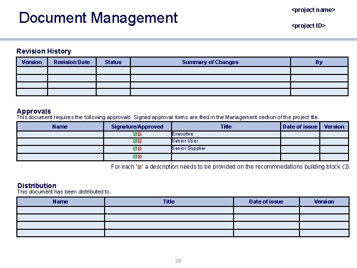 <project name> Document Management <project ID> Revision History Version Revision Date Status Summary of
