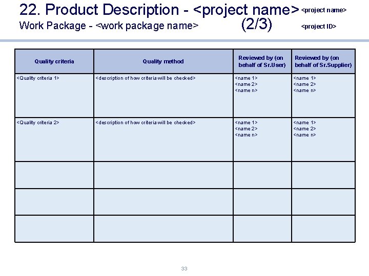 22. Product Description - <project name> Work Package - <work package name> (2/3) Quality