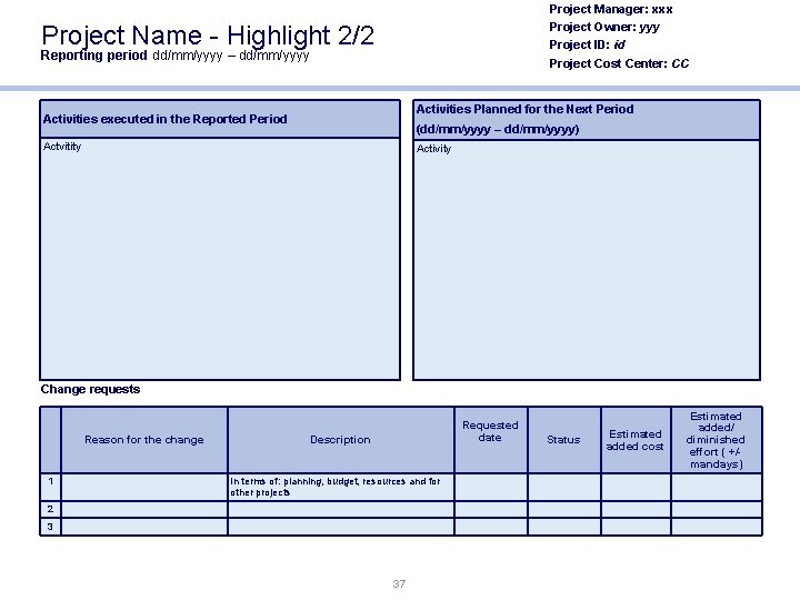 Project Manager: xxx Project Owner: yyy Project ID: id Project Name - Highlight 2/2