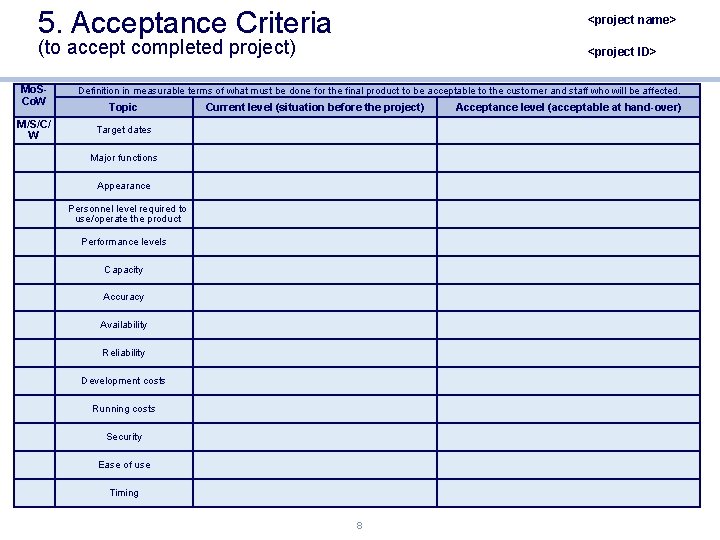 5. Acceptance Criteria <project name> (to accept completed project) Mo. SCo. W M/S/C/ W