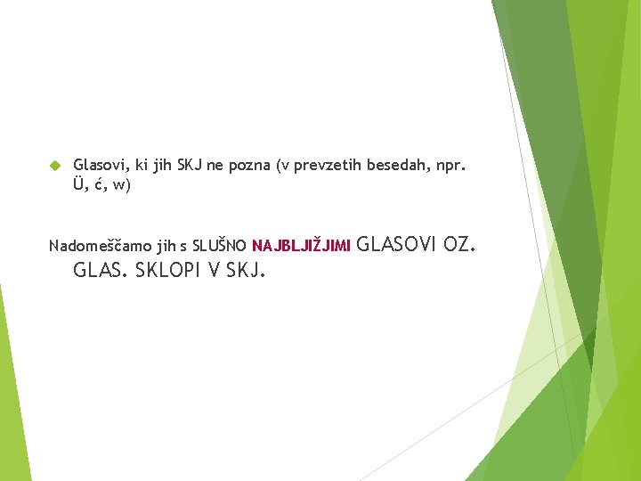  Glasovi, ki jih SKJ ne pozna (v prevzetih besedah, npr. Ü, ć, w)