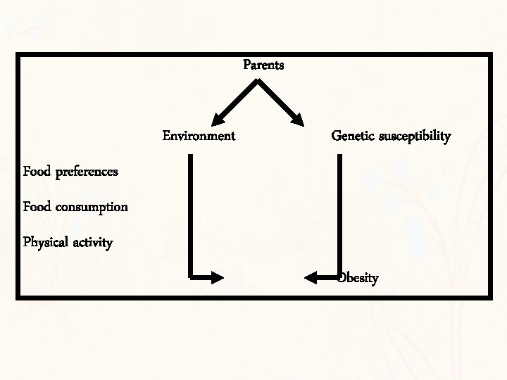 Parents Environment Genetic susceptibility Food preferences Food consumption Physical activity Obesity 