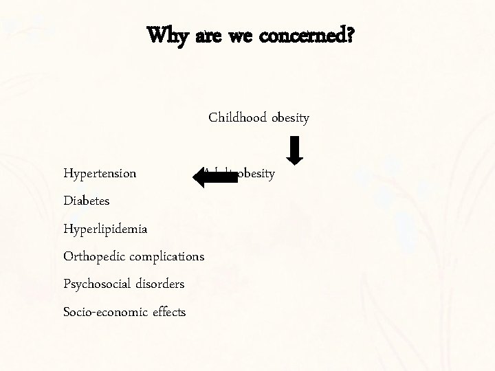Why are we concerned? Childhood obesity Hypertension Adult obesity Diabetes Hyperlipidemia Orthopedic complications Psychosocial