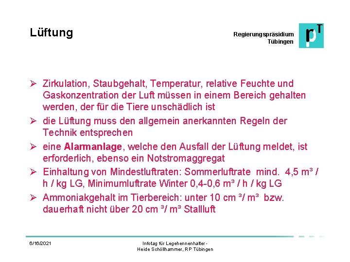 Lüftung Regierungspräsidium Tübingen Ø Zirkulation, Staubgehalt, Temperatur, relative Feuchte und Gaskonzentration der Luft müssen