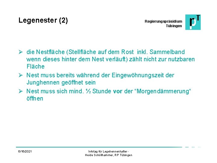 Legenester (2) Regierungspräsidium Tübingen Ø die Nestfläche (Stellfläche auf dem Rost inkl. Sammelband wenn