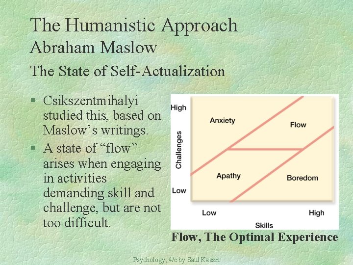 The Humanistic Approach Abraham Maslow The State of Self-Actualization § Csikszentmihalyi studied this, based