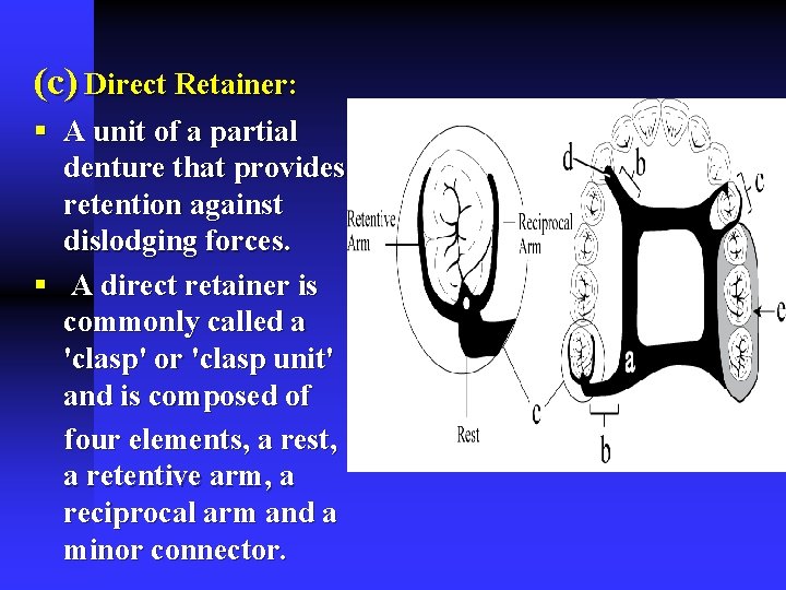 (c) Direct Retainer: § A unit of a partial denture that provides retention against