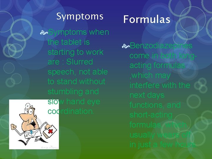 Symptoms when the tablet is starting to work are : Slurred speech, not able