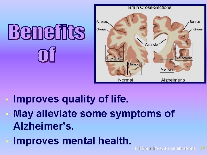 Improves quality of life. • May alleviate some symptoms of Alzheimer’s. • Improves mental