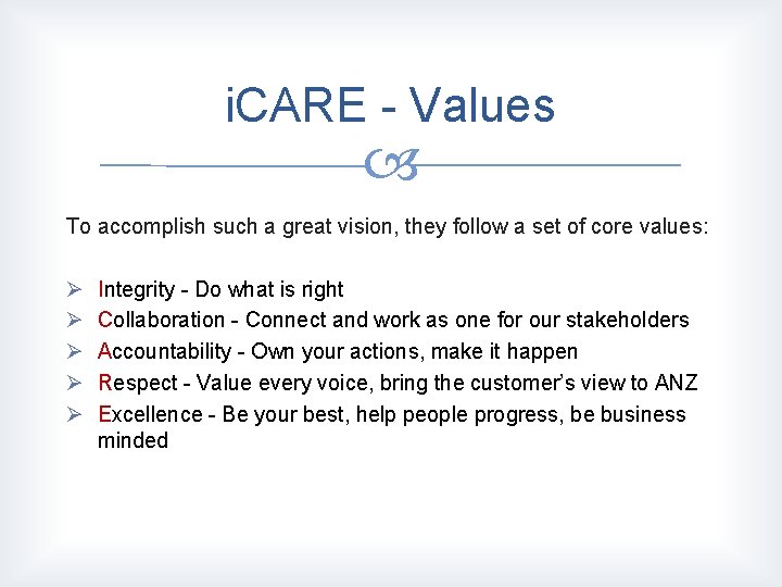 i. CARE - Values To accomplish such a great vision, they follow a set i. CARE - Values To accomplish such a great vision, they follow a set
