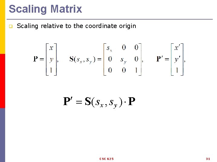 Scaling Matrix q Scaling relative to the coordinate origin P S(s x , s