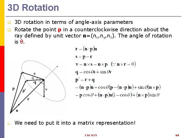 3 D Rotation q 3 D rotation in terms of angle-axis parameters Rotate the