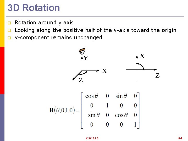3 D Rotation q q q Rotation around y axis Looking along the positive