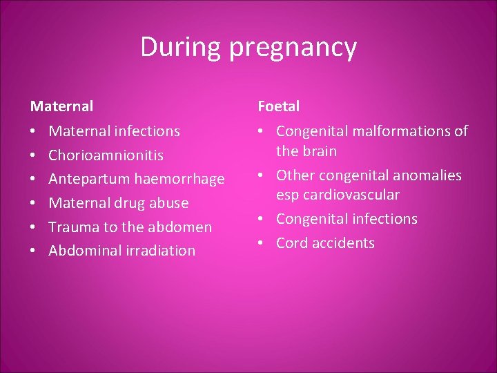 During pregnancy Maternal • • • Maternal infections Chorioamnionitis Antepartum haemorrhage Maternal drug abuse