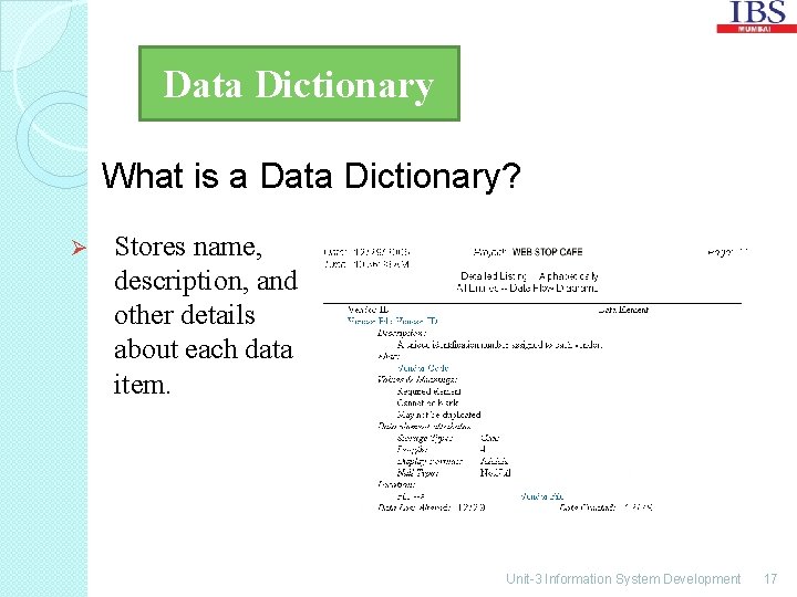 Data Dictionary What is a Data Dictionary? Ø Stores name, description, and other details