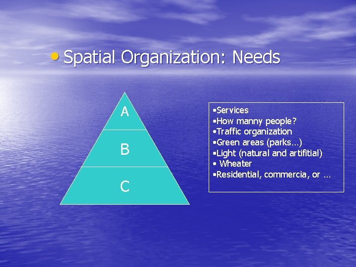  • Spatial Organization: Needs A B C • Services • How manny people?