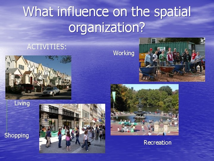 What influence on the spatial organization? ACTIVITIES: Working Living Shopping Recreation 