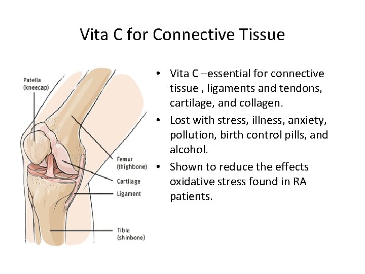 Vita C for Connective Tissue • Vita C –essential for connective tissue , ligaments