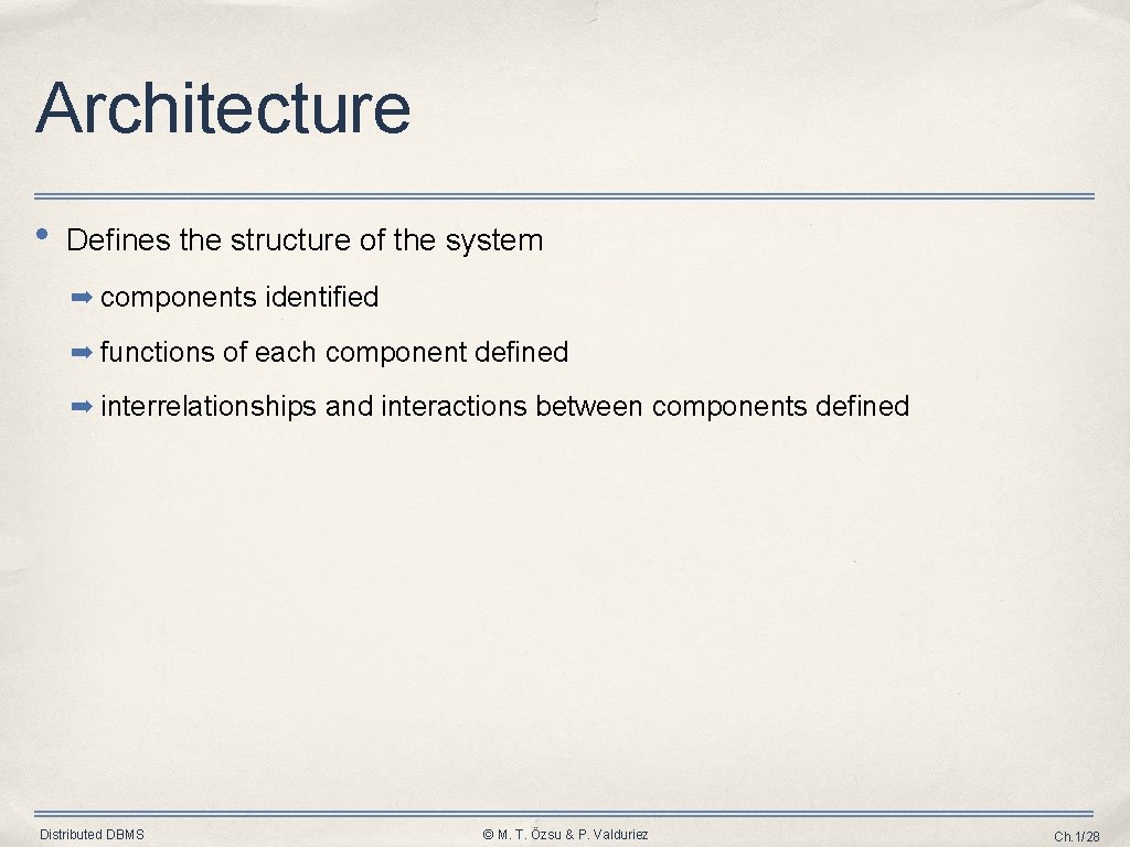Architecture • Defines the structure of the system ➡ components identified ➡ functions of