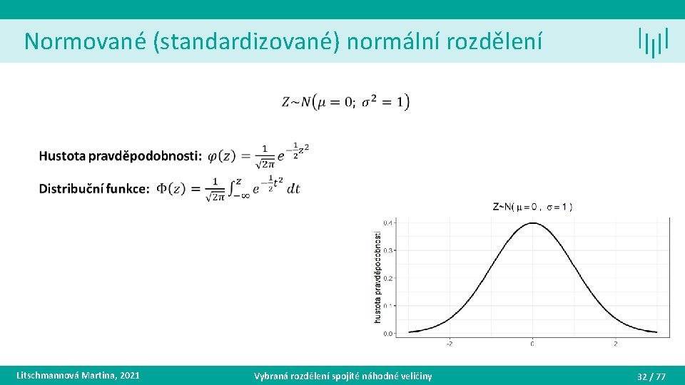 Normované (standardizované) normální rozdělení • Litschmannová Martina, 2021 Vybraná rozdělení spojité náhodné veličiny 32