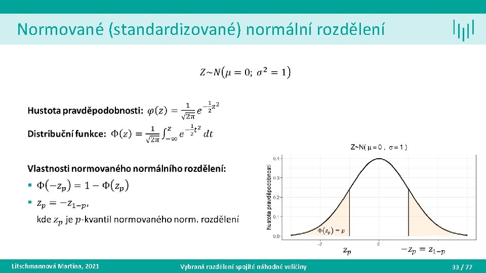 Normované (standardizované) normální rozdělení • Litschmannová Martina, 2021 Vybraná rozdělení spojité náhodné veličiny 33