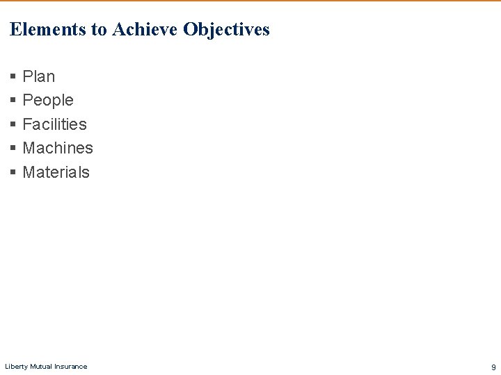 Elements to Achieve Objectives § Plan § People § Facilities § Machines § Materials