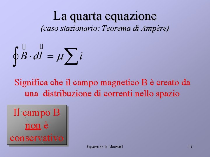 La quarta equazione (caso stazionario: Teorema di Ampère) Significa che il campo magnetico B