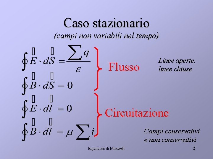 Caso stazionario (campi non variabili nel tempo) Flusso Linee aperte, linee chiuse Circuitazione Campi