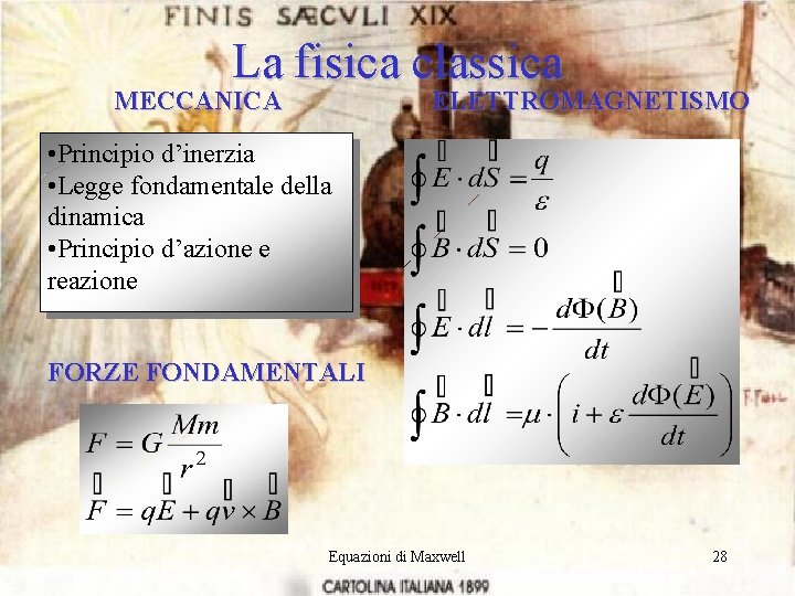 La fisica classica MECCANICA ELETTROMAGNETISMO • Principio d’inerzia • Legge fondamentale della dinamica •