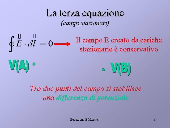 La terza equazione (campi stazionari) Il campo E creato da cariche stazionarie è conservativo