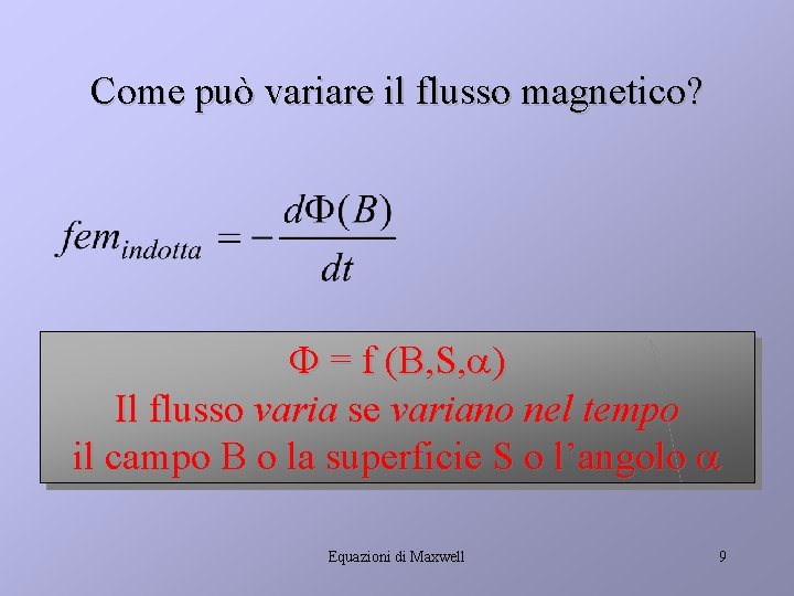 Come può variare il flusso magnetico? = f (B, S, ) Il flusso varia