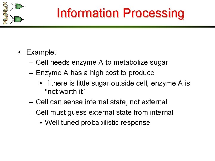 Information Processing • Example: – Cell needs enzyme A to metabolize sugar – Enzyme
