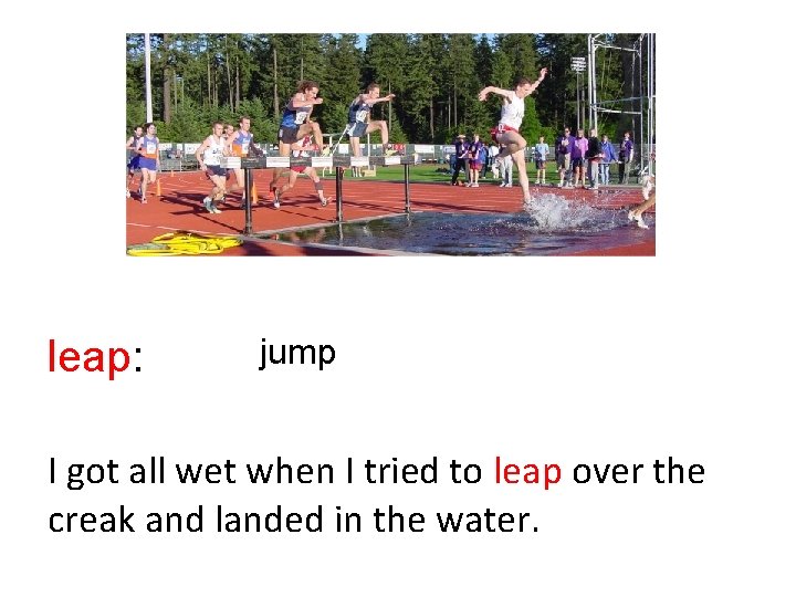 leap: jump I got all wet when I tried to leap over the creak