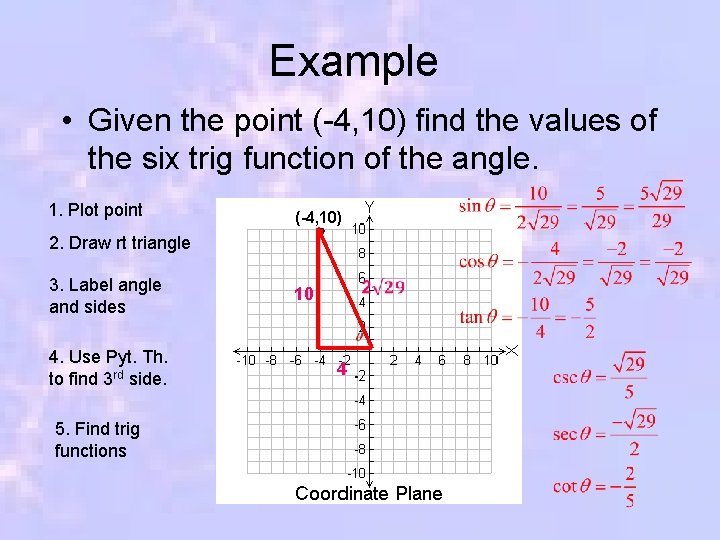 Example • Given the point (-4, 10) find the values of the six trig