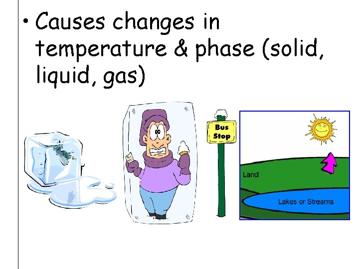  • Causes changes in temperature & phase (solid, liquid, gas) 