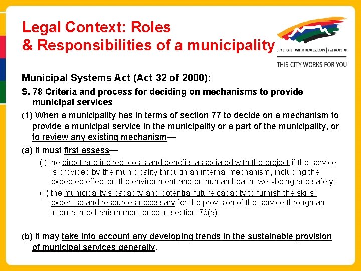 Legal Context: Roles & Responsibilities of a municipality Municipal Systems Act (Act 32 of