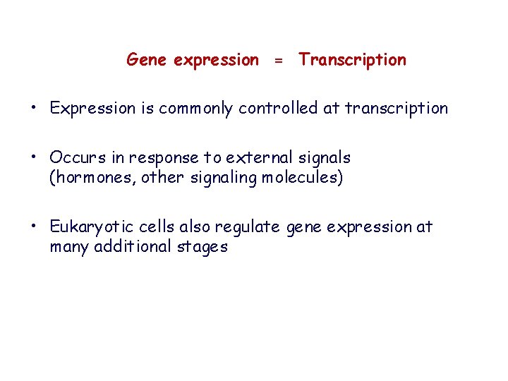 Gene expression = Transcription • Expression is commonly controlled at transcription • Occurs in