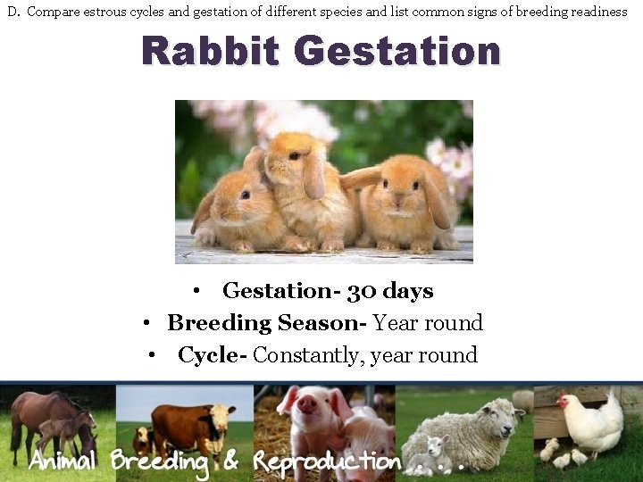 D. Compare estrous cycles and gestation of different species and list common signs of