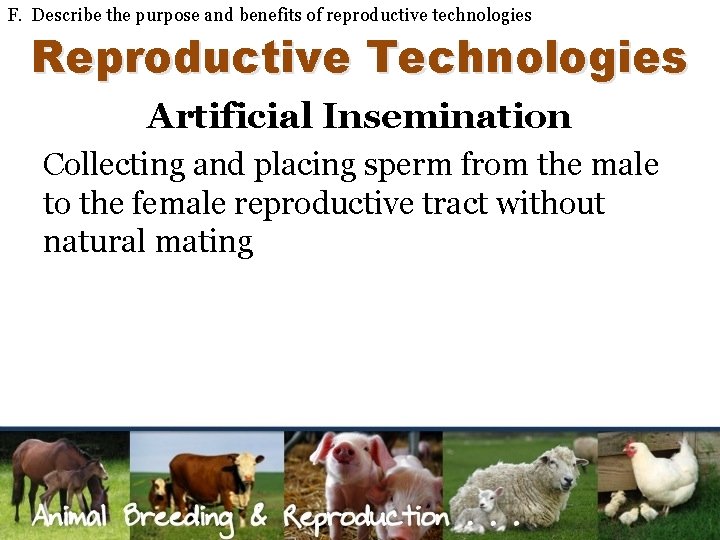 F. Describe the purpose and benefits of reproductive technologies Reproductive Technologies Artificial Insemination Collecting