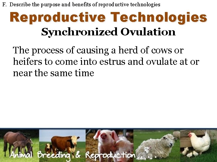 F. Describe the purpose and benefits of reproductive technologies Reproductive Technologies Synchronized Ovulation The