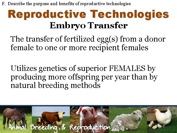 F. Describe the purpose and benefits of reproductive technologies Reproductive Technologies Embryo Transfer The