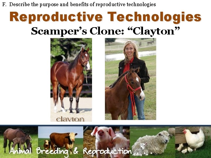 F. Describe the purpose and benefits of reproductive technologies Reproductive Technologies Scamper’s Clone: “Clayton”